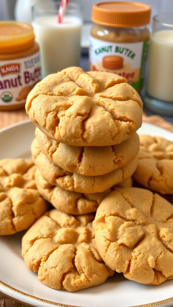 A plate of golden brown peanut butter cookies stacked with a jar of peanut butter and a glass of milk in the background.